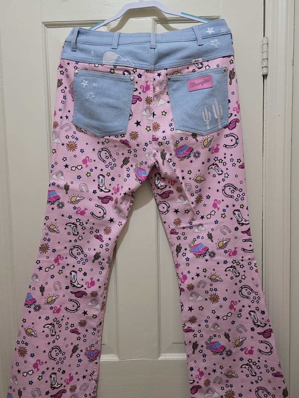 Wrangler Pink Printed Bootcut Pants with Light Blue Pocket Accents